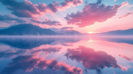 Wall Mural - Stunning Sunset Reflection Over Tranquil Lake Surrounded by Mountains and Colorful Clouds Near a Serene Landscape