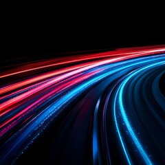 Poster - Colorful Light Trails Create a Dynamic Display While a Vehicle Moves Along a Winding Road at Night, Showcasing Vibrant Red and Blue Streaks