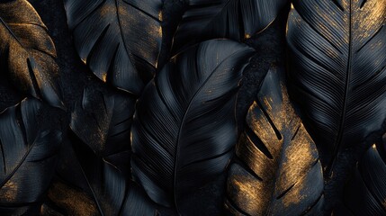 Wall Mural - A textured arrangement of dark leaves with golden accents, creating a striking visual contrast.