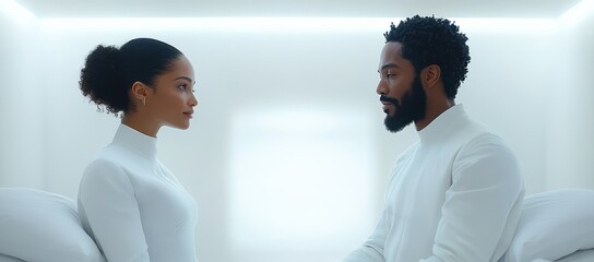 Wall Mural - A man and woman are sitting next to each other in a white room