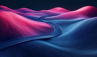 Poster - Colorful Undulating Hills Create a Winding Road Through a Surreal Landscape at Night With Vibrant Pink and Blue Hues Illuminating the Terrain