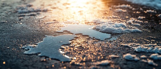 Wall Mural - Sunset puddle on icy ground.