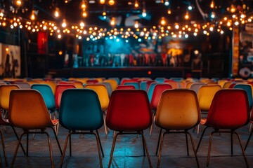Aufkleber - Colorful chairs awaiting audience in empty venue before concert or theatre show