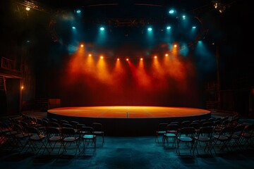 Aufkleber - Empty round stage illuminated by warm and cold lights waiting for the show to begin