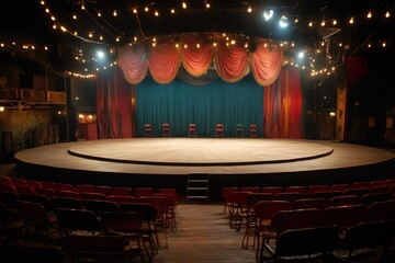 Aufkleber - Empty theatre stage with red curtains and chairs is ready for performing arts