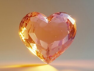 Poster - A glowing crystal heart in 3D render shines brightly on a beige background, captured in ultra-realistic photography with soft studio lighting.