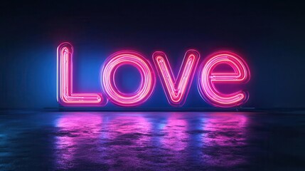 Poster - 3D render of a glowing Love neon sign, isolated on a deep blue background, ultra-realistic photography with soft studio lighting