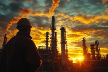 Fototapete - Engineer supervising petrol refinery plant at sunset