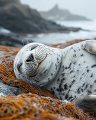 Wall Mural - A comical Weddell seal lying on its back, winking at the camera,