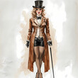 © PANDORA ILARE - bellissima donna bionda in frac e cappello a tubo del secolo passato, passeggia con un bastone, Beautiful blonde woman in tailcoat and tube hat from the past century, walks with a stick
