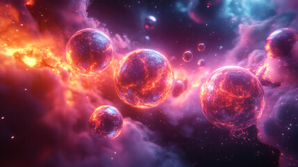 Poster - A cluster of floating orbs morphing into jagged shapes,