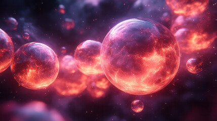 Poster - A cluster of floating orbs morphing into jagged shapes,