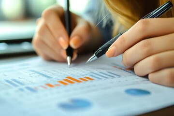 Poster - Businesswoman analyzing financial chart with pen and pencil