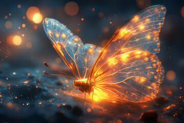 Poster - A butterfly with translucent wings fluttering in a space filled with glowing spirals and soft gradients,