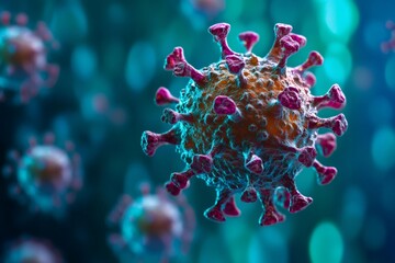 Poster - Microscopic view of coronavirus cells floating in a dark environment
