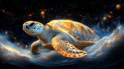Poster - A turtle floating through an abstract void of spiraling orbs and shimmering waves,