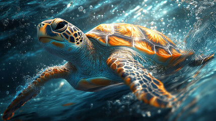 Poster - A turtle floating through an abstract void of spiraling orbs and shimmering waves,