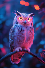 Poster - An owl with abstract, glowing feathers perched on a floating branch,