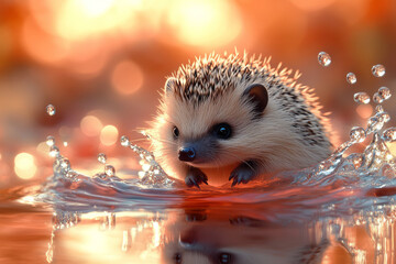 Poster - A hedgehog rolling across a glowing abstract surface of liquid-like reflections,