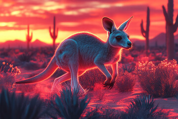 Poster - A kangaroo leaping through an abstract desert of glowing dunes and neon cacti,