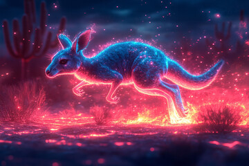 Poster - A kangaroo leaping through an abstract desert of glowing dunes and neon cacti,