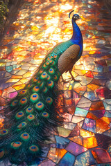 Poster - A peacock walking across a fragmented floor of colorful glass-like shards,