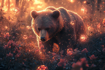 Poster - A bear surrounded by floating glowing orbs in an abstract forest with vibrant, pulsating hues,