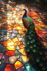 Poster - A peacock walking across a fragmented floor of colorful glass-like shards,