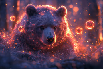Poster - A bear surrounded by floating glowing orbs in an abstract forest with vibrant, pulsating hues,