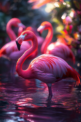 Poster - A group of flamingos wading through an abstract pool of rippling liquid light,