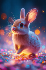 Poster - A rabbit hopping across a glowing field of fragmented neon tiles,