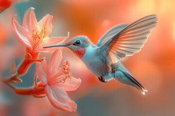 Poster - A hummingbird hovering near a glowing flower made of crystalline shapes,