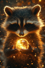 Poster - A raccoon holding a glowing orb in its tiny hands,