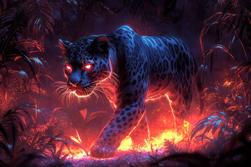 Poster - A panther walking through an abstract jungle of glowing vines and radiant mist,