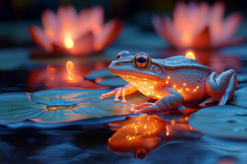 Poster - A group of frogs sitting on glowing lily pads floating in a surreal pond of liquid light,