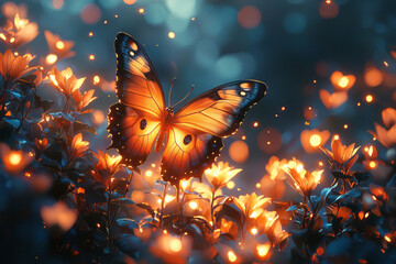 Poster - A peacock butterfly flying through an abstract forest of glowing leaves and vibrant colors,