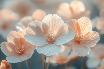 Poster - A minimalist arrangement of blooming desert flowers in soft pastel tones,