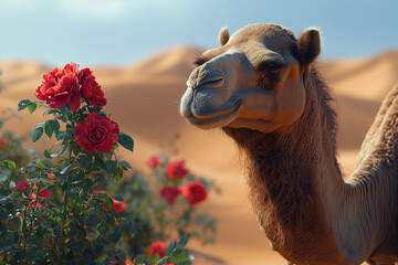 Poster - A majestic camel standing beside a blooming desert rose,