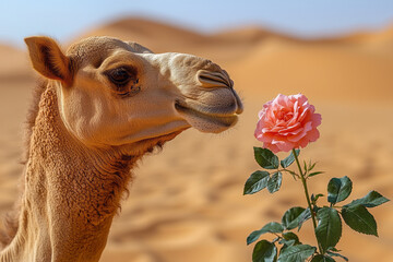 Poster - A majestic camel standing beside a blooming desert rose,