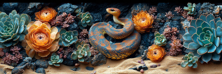 Poster - A snake slithering between clusters of blooming succulents,