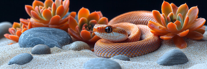 Poster - A snake slithering between clusters of blooming succulents,