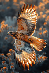 Poster - A hawk soaring over a barren desert with small blooming shrubs scattered below,