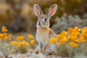 Poster - A jackrabbit sitting beside a patch of blooming desert lilies,