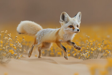 Poster - A playful fennec fox leaping through sparse vegetation dotted with wildflowers,