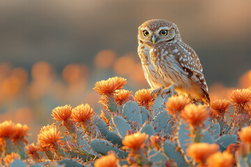 Poster - A desert owl perched on a flowering agave plant,