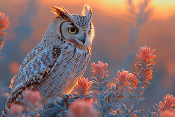Aufkleber - A desert owl perched on a flowering agave plant,