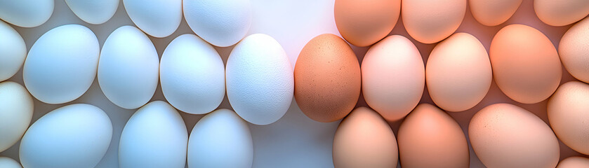 Wall Mural - White and Brown Eggs Arranged in Two Rows, Contrasting Colors and Textures.  A Study in Opposites.