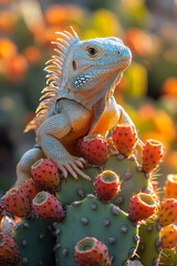 Fototapete - A desert iguana perched on a rock surrounded by prickly pear cacti with vibrant red fruit,