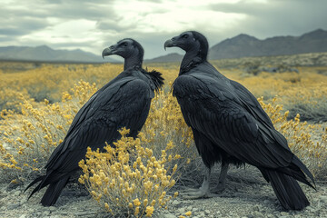 Poster - A pair of vultures resting near a flowering ocotillo plant,