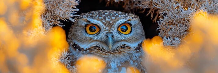 Aufkleber - A solitary owl peeking out from the hollow of a flowering desert tree,
